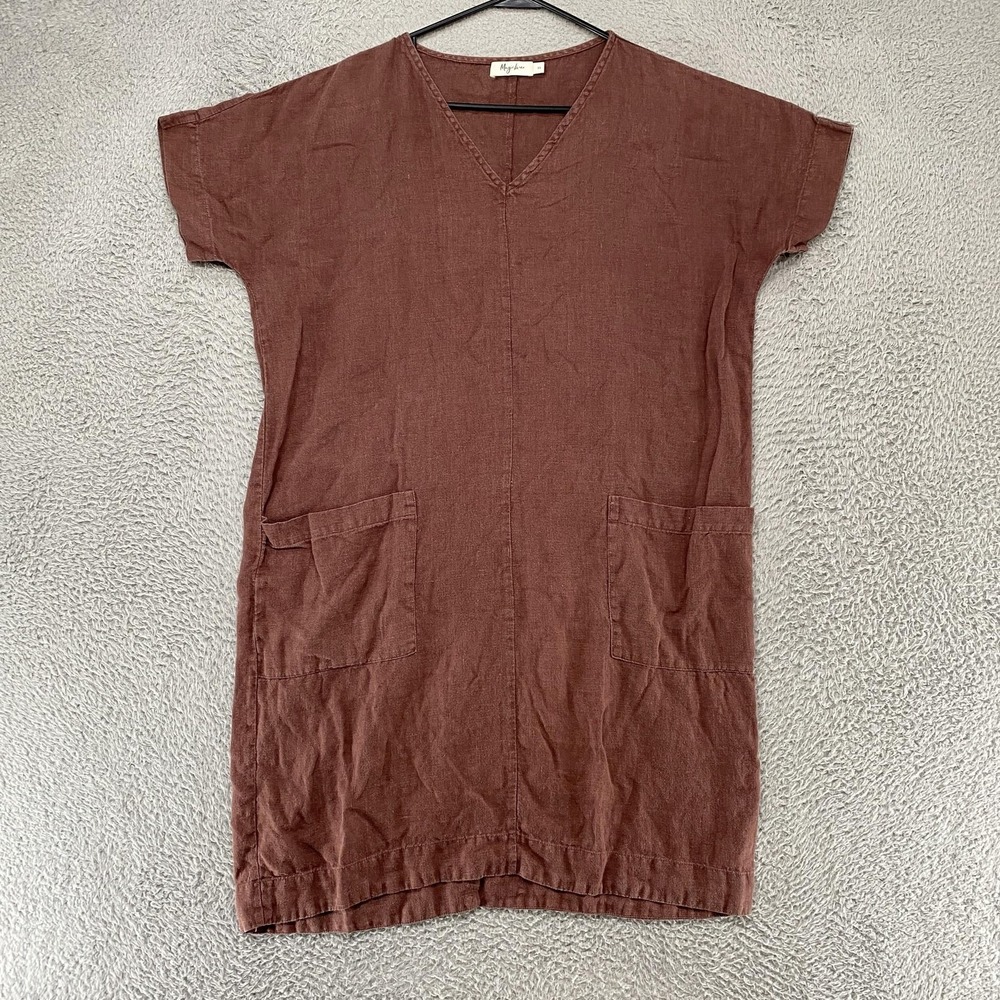 Magic Linen Dress Womens XS Brown 100% Linen Shift Pockets V Neck Summer Tunic